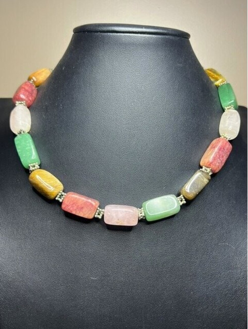 B7336 Vintage Chunky Beaded  Necklace Gemstone Tigers Eye Quartz Jade 17"